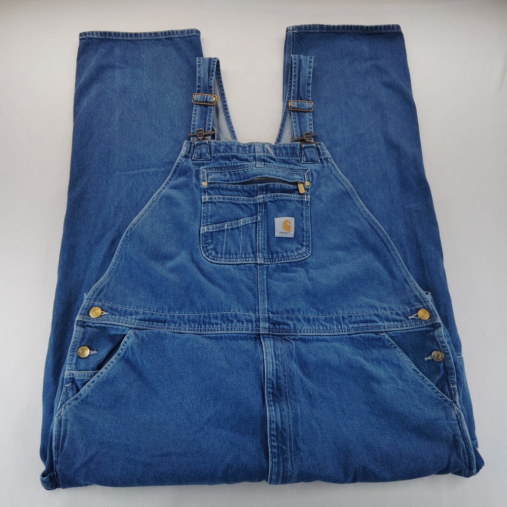Carhartt Bib Overalls Mens 46x34 Blue Excellent Loose Fit Denim OR4672-M Tag